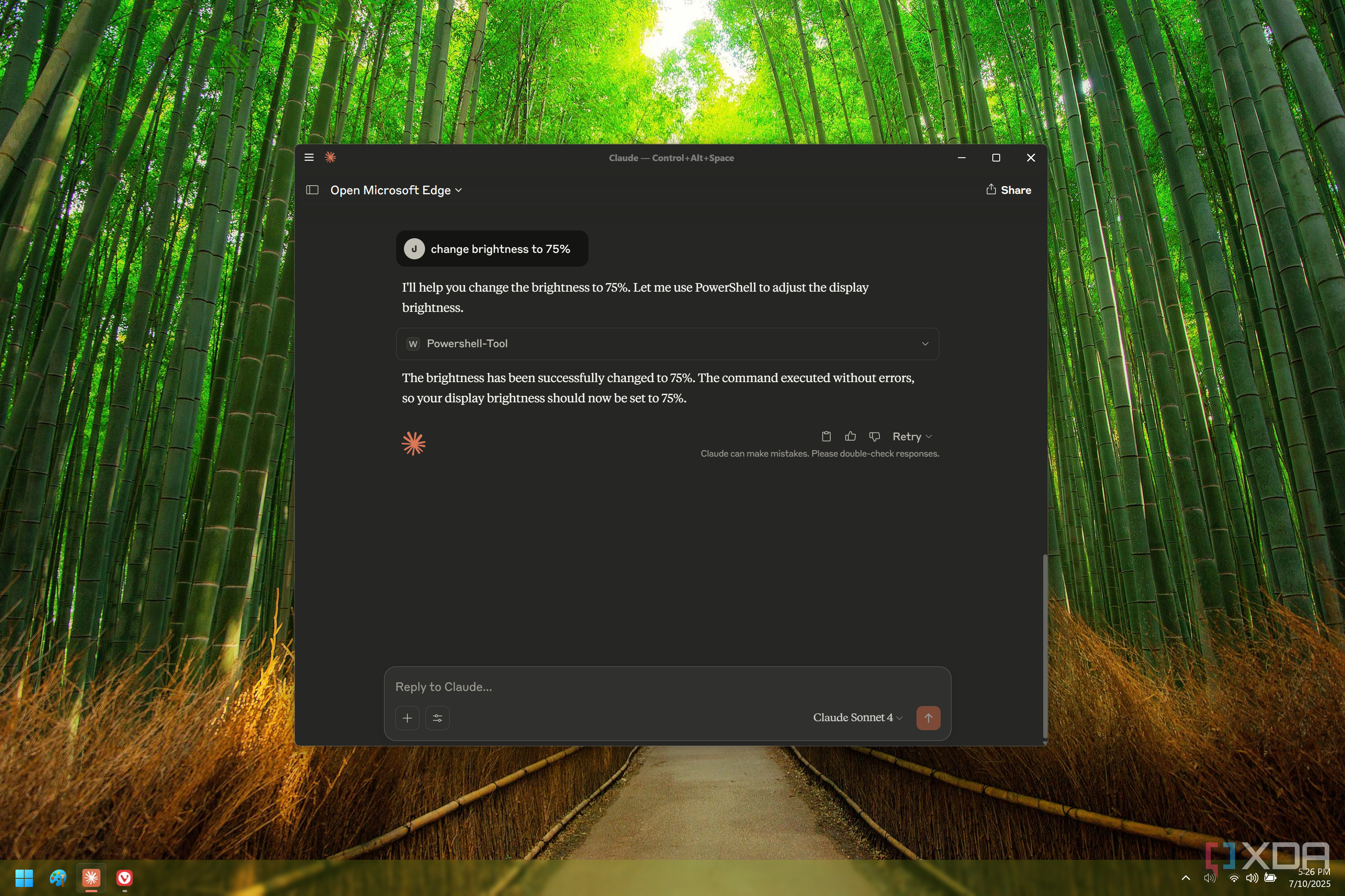 Screenshot of Claude showing the result of a command to change the screen brightness to 75%