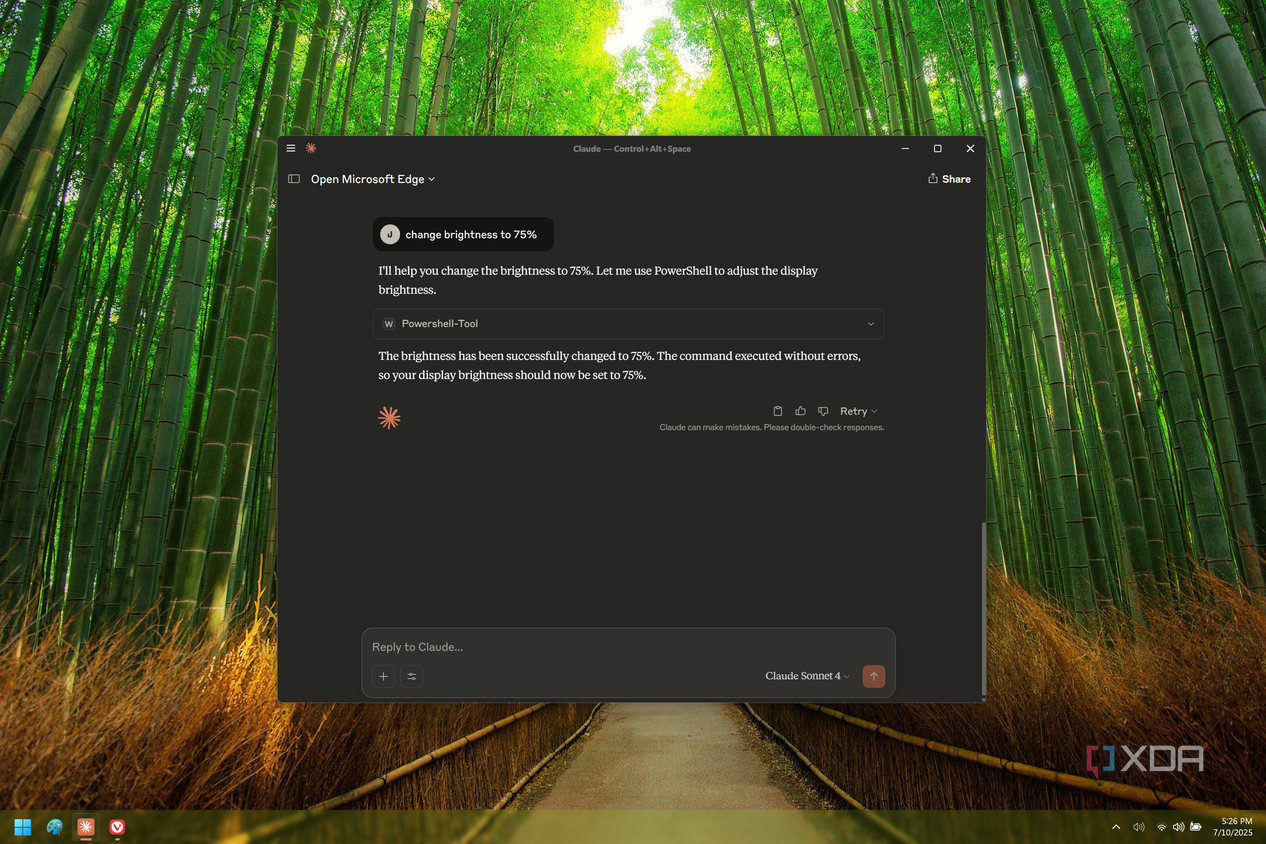 Screenshot of Claude showing the result of a command to change the screen brightness to 75%