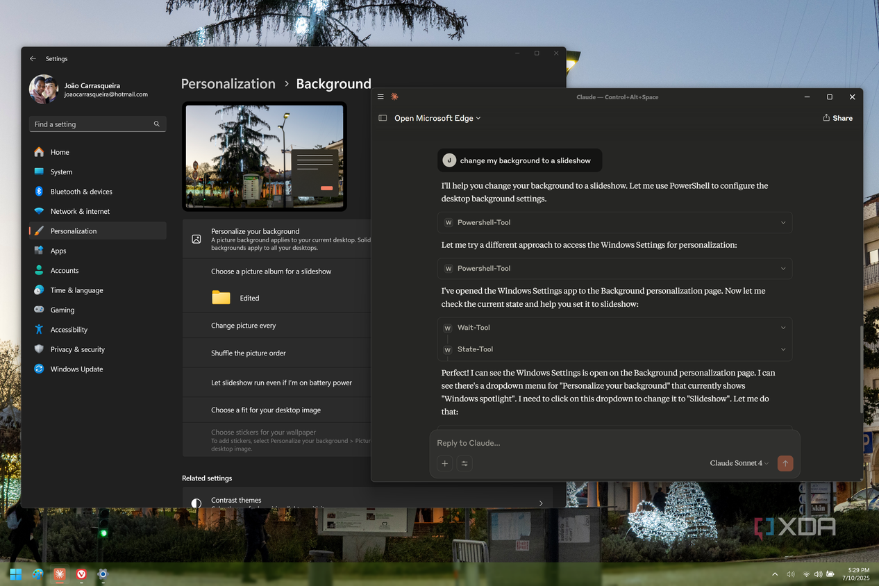 Screenshot of Claude showing the result of a command to change the desktop background to a slideshow