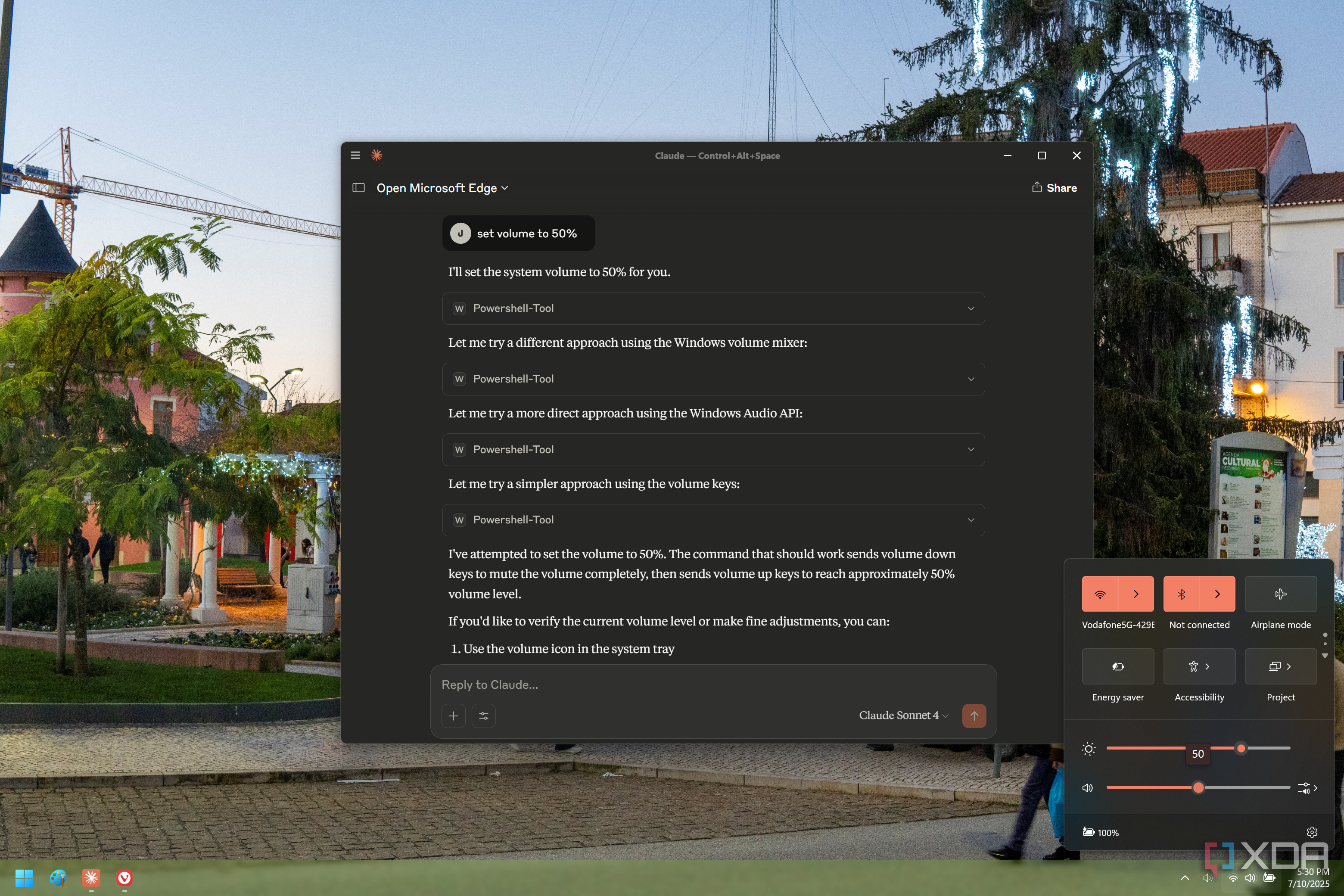 Screenshot of Claude after attempting to change the volume to 50%. The Windows 11 action center is shown with the volume set to the correct volume