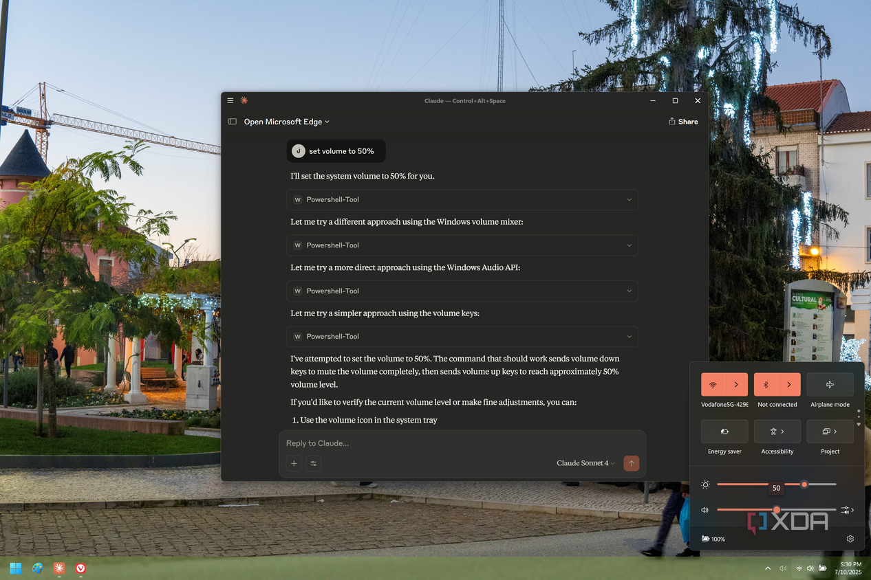 Screenshot of Claude after attempting to change the volume to 50%. The Windows 11 action center is shown with the volume set to the correct volume