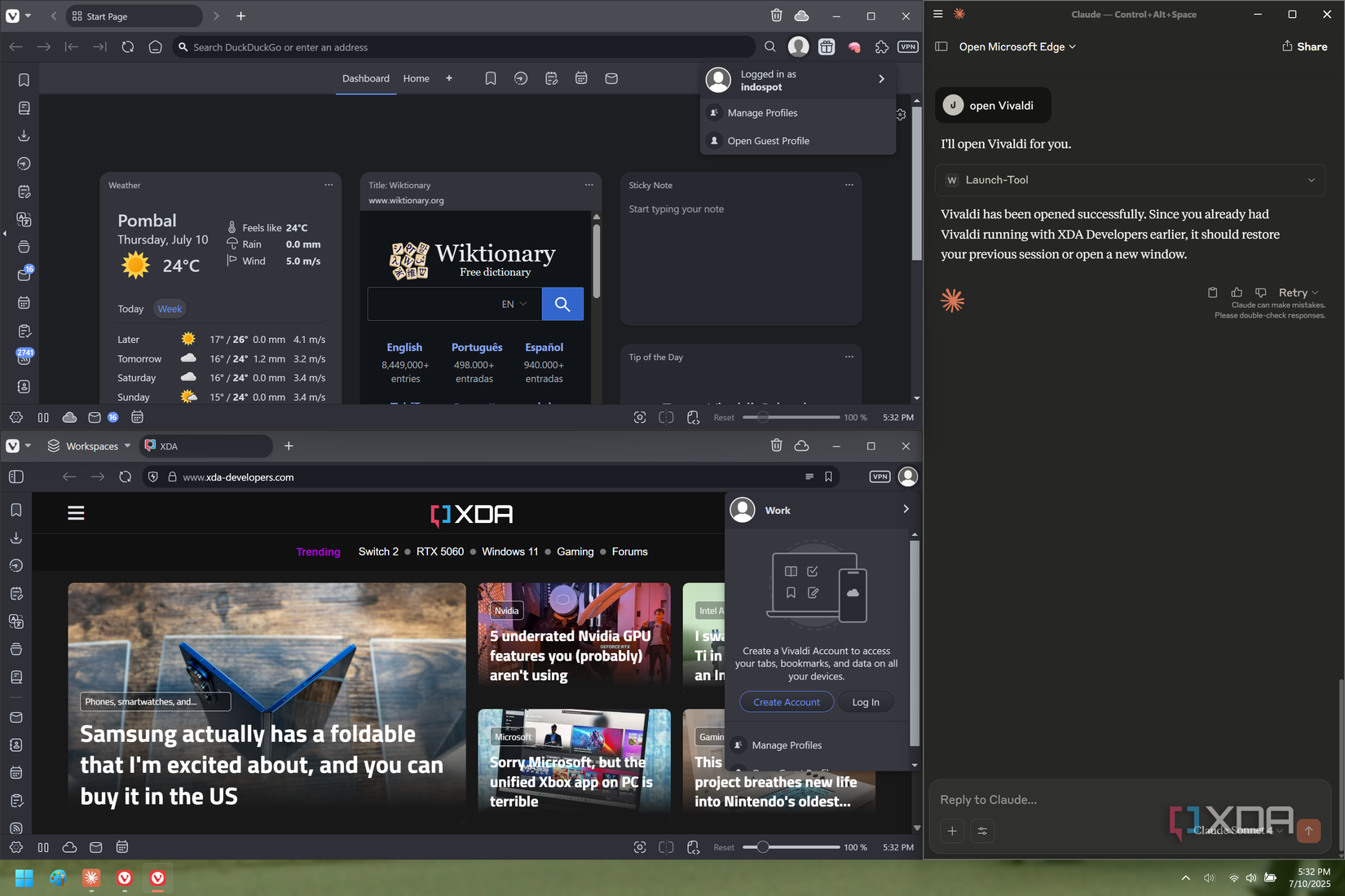 Screenshot of Claude next to two Vivaldi windows showing completely separate user profiles
