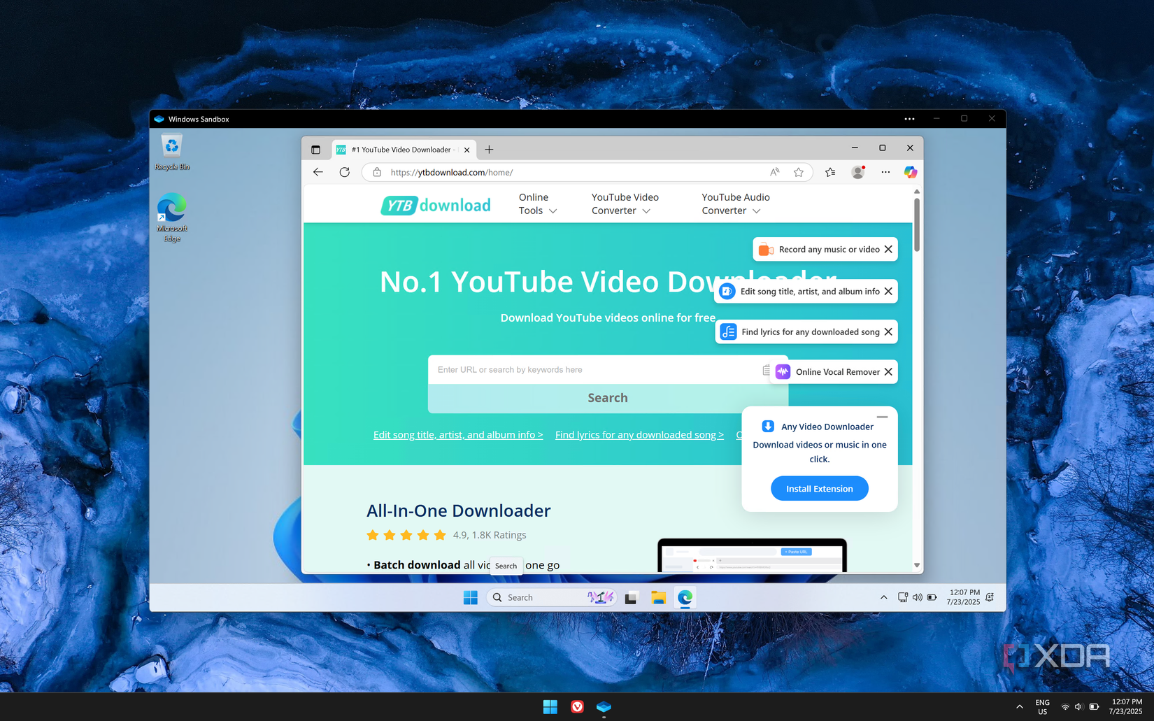 Screenshot of Windows Sandbox being used to open a potentially dangerous website