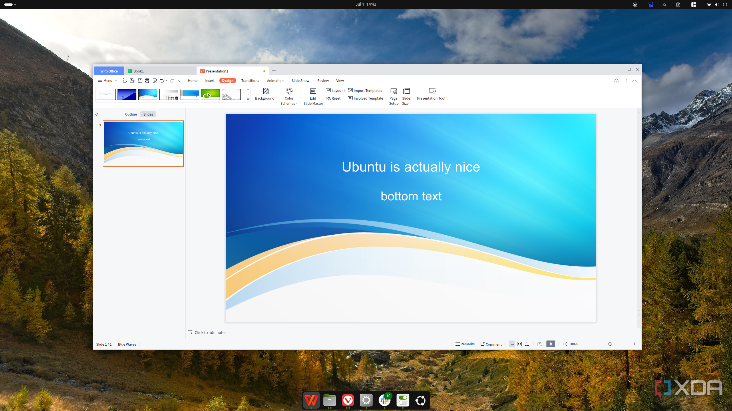 Screenshot of WPS Office on Ubuntu showing a slideshow presentation