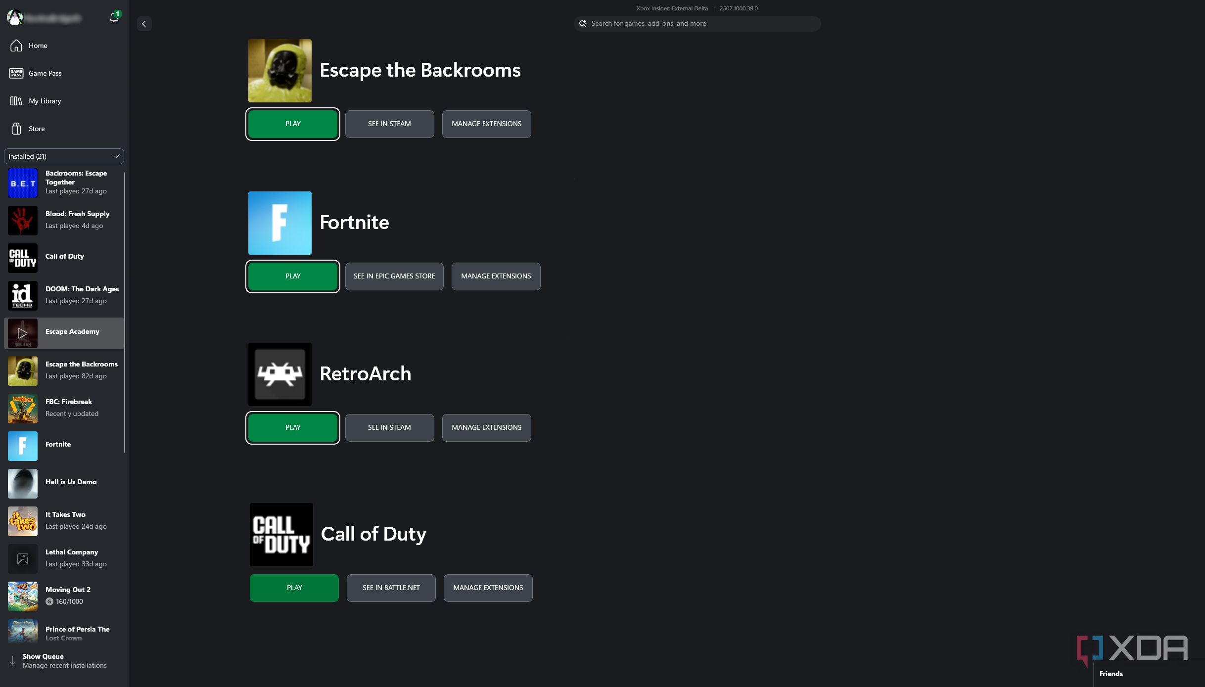 Steam, Epic, and BattleNet games on the Xbox PC app.