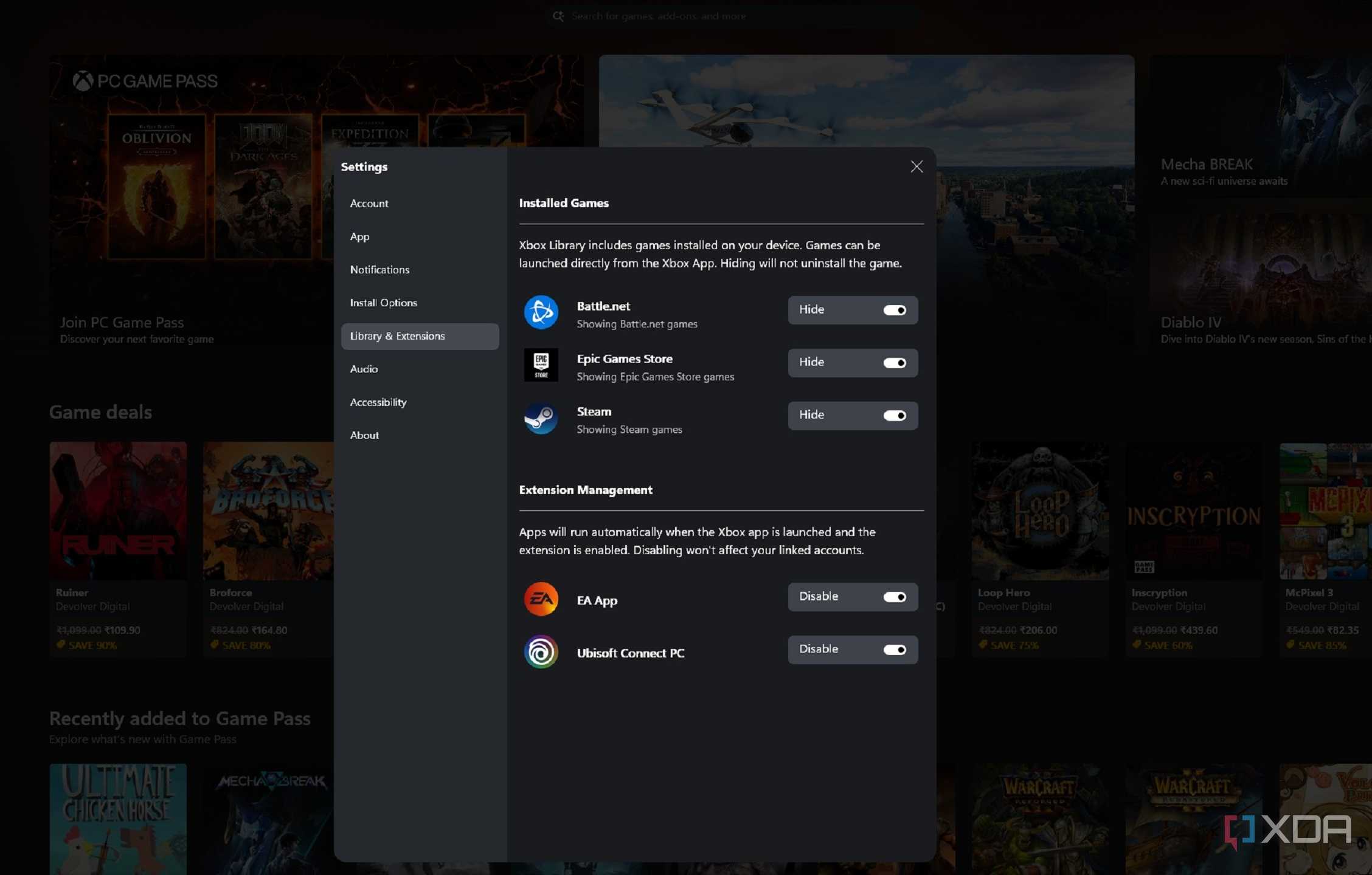 Libraries and Extensions on the Xbox PC app.
