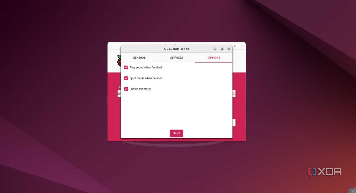 Raspberry Pi Imager options screen