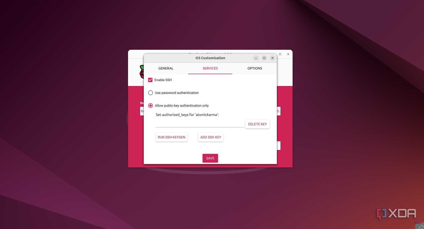 Raspberry Pi Imager SSH key settings