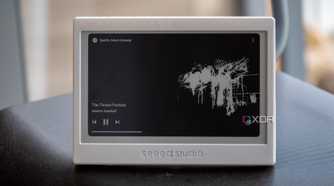 XIAO ePaper Panel running TRMNL, showing a Spotify media player