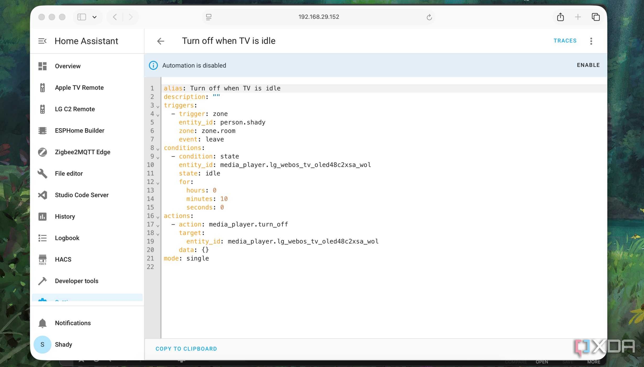 YAML file for turning off tv idle automation