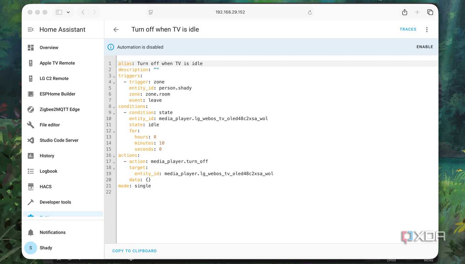 YAML file for turning off tv idle automation