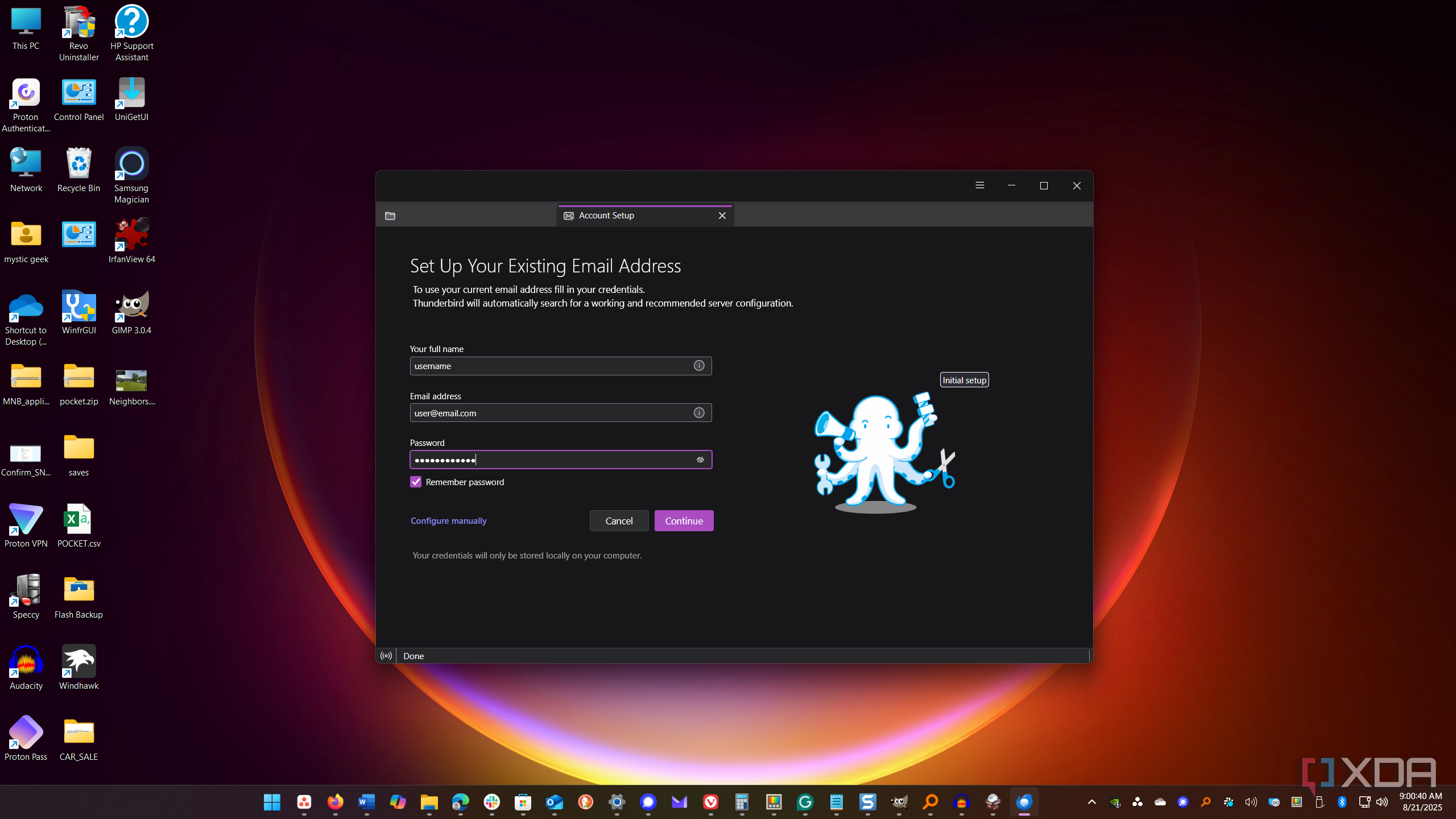 set up thunderbird account credentials