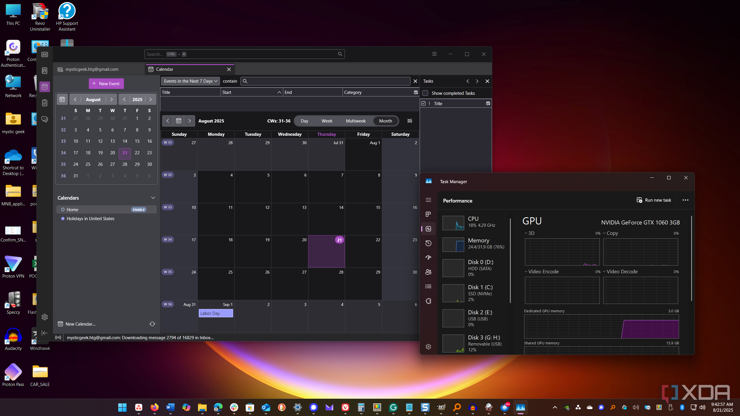 shows Thunderbird Calendar and task manager running on Windows