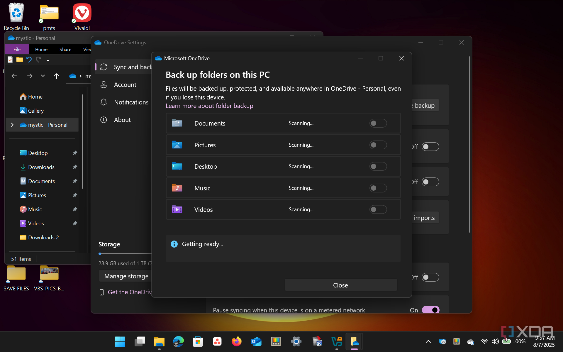 shows default folders backup onedrive
