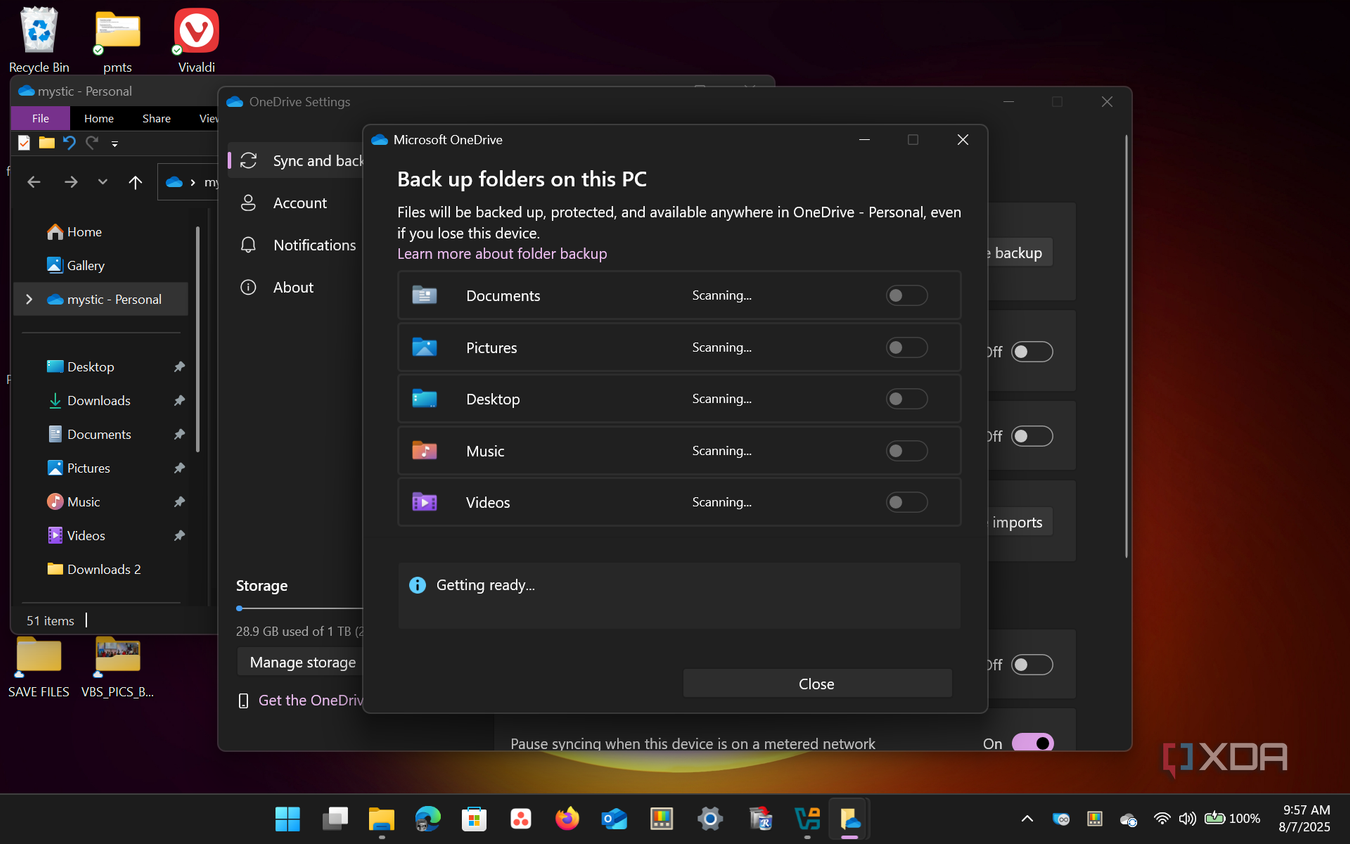 shows default folders backup onedrive