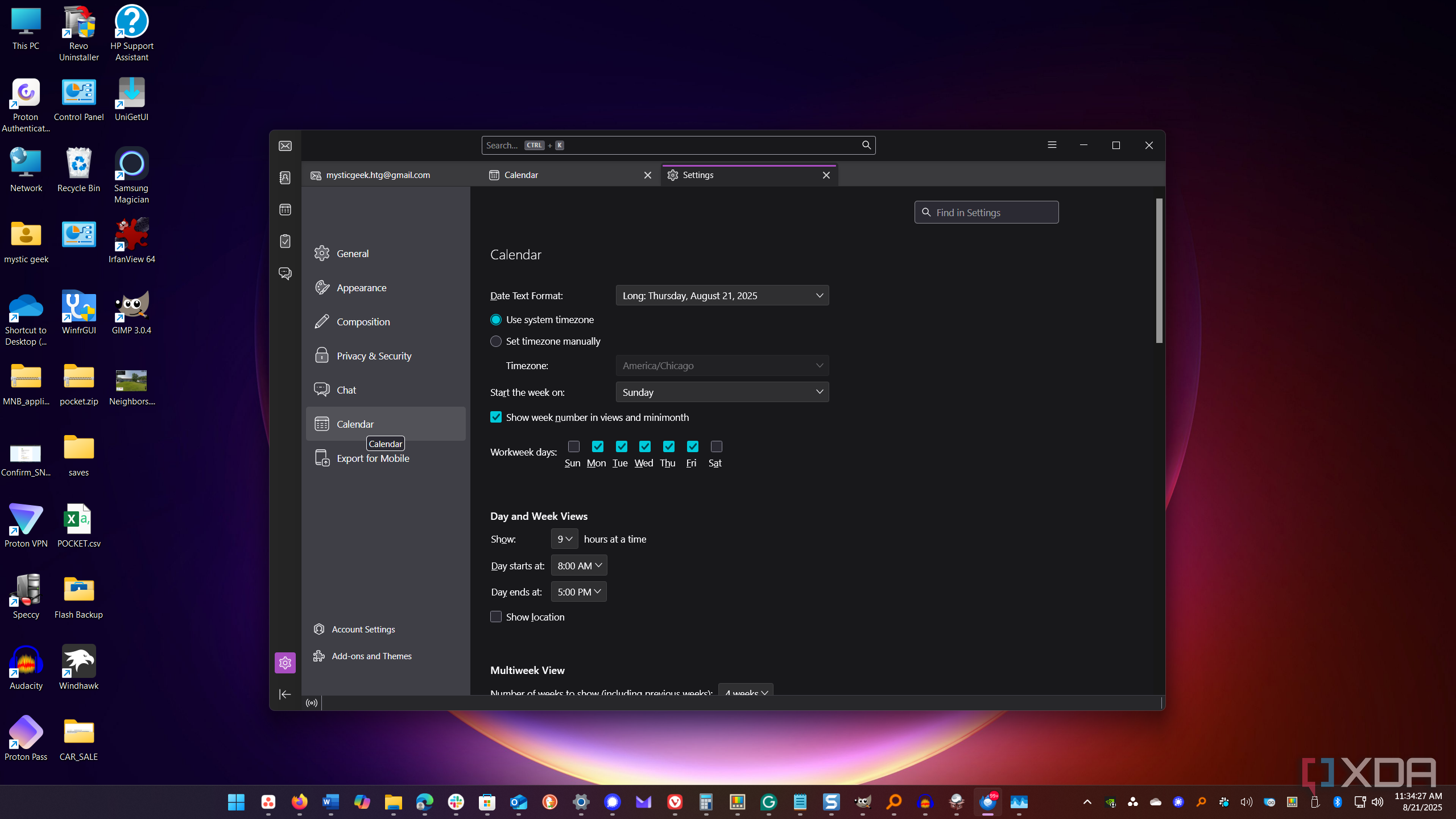 shows thunderbird calendar settings in desktop client