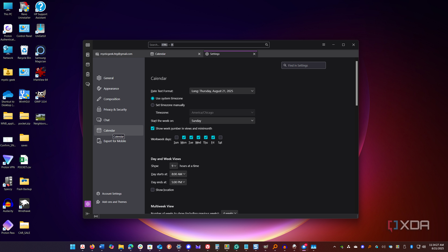 shows thunderbird calendar settings in desktop client