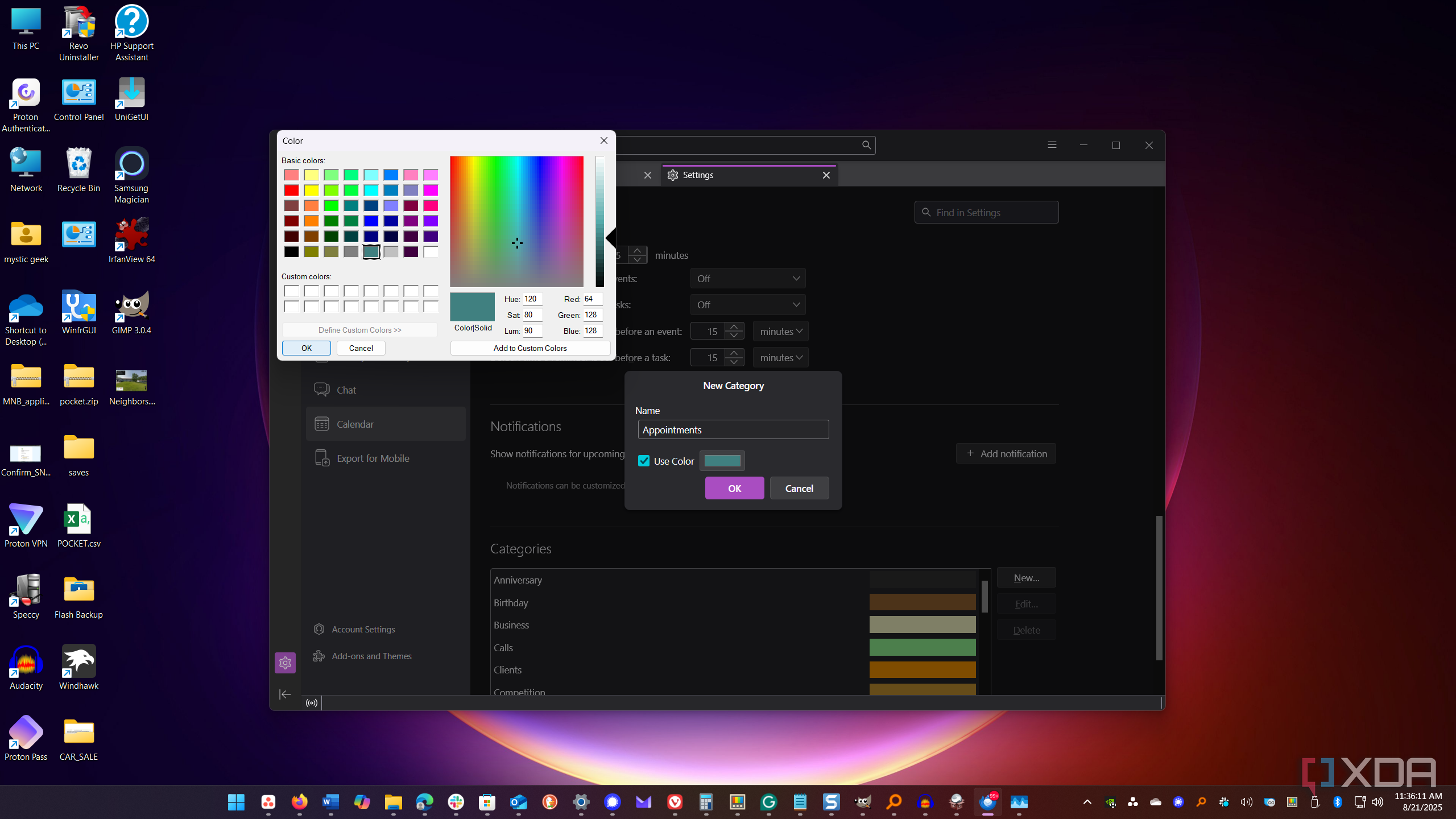 shows adding thunderbird calendar category