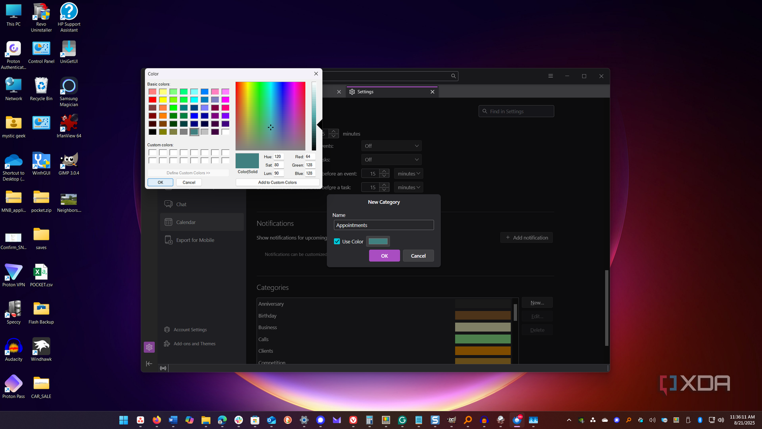 shows adding thunderbird calendar category