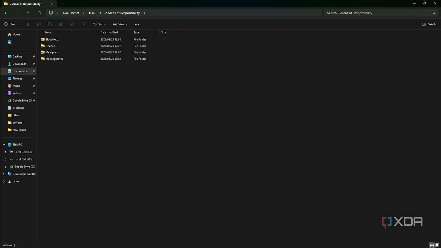 Areas subfolder of PARA system, Windows PC