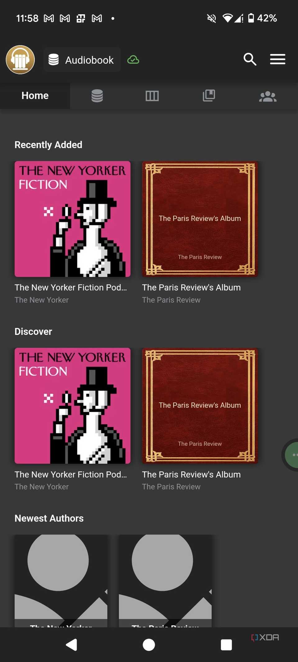 Home page in Audiobookshelf mobile app