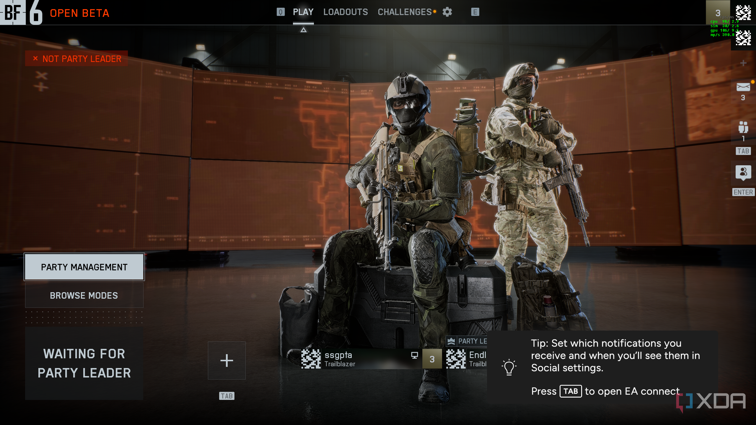 Two players in the lobby in the BF6 open beta.