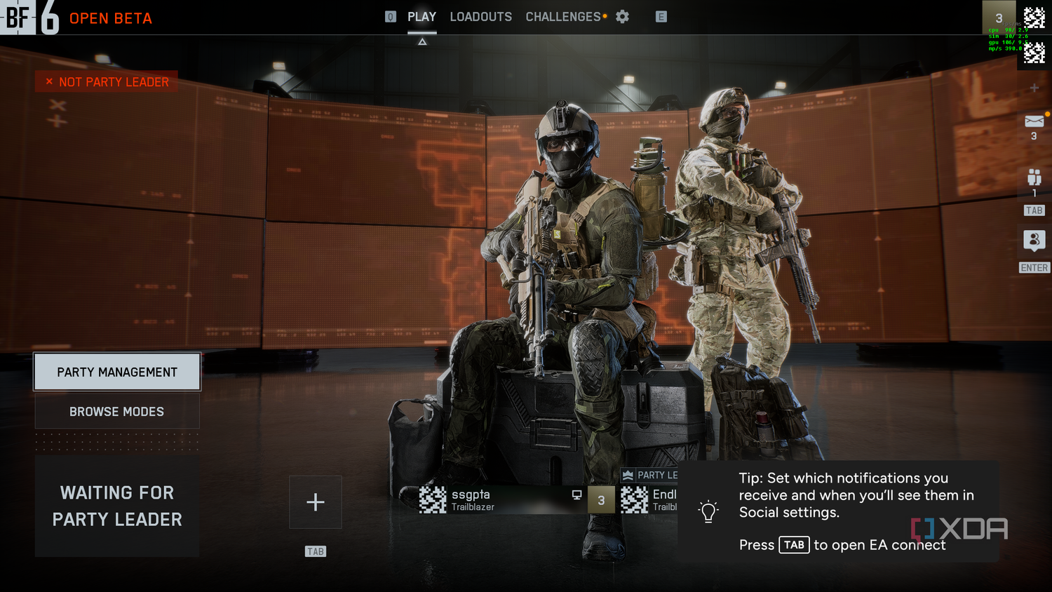 Two players in the lobby in the BF6 open beta.