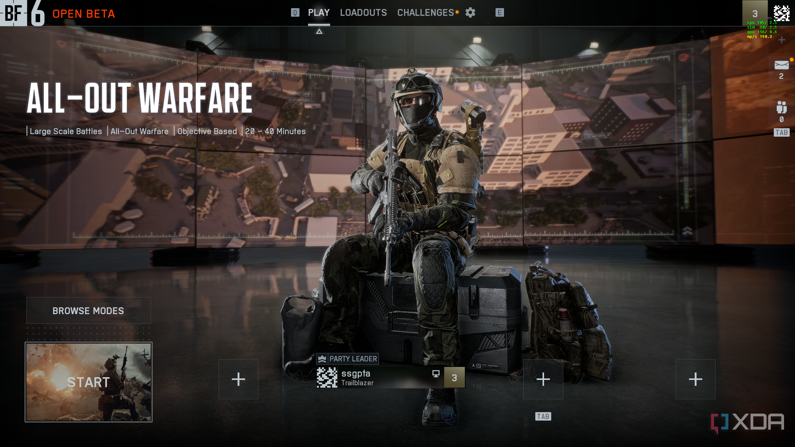 Screenshot from the lobby in the Battlefield 6 open beta.