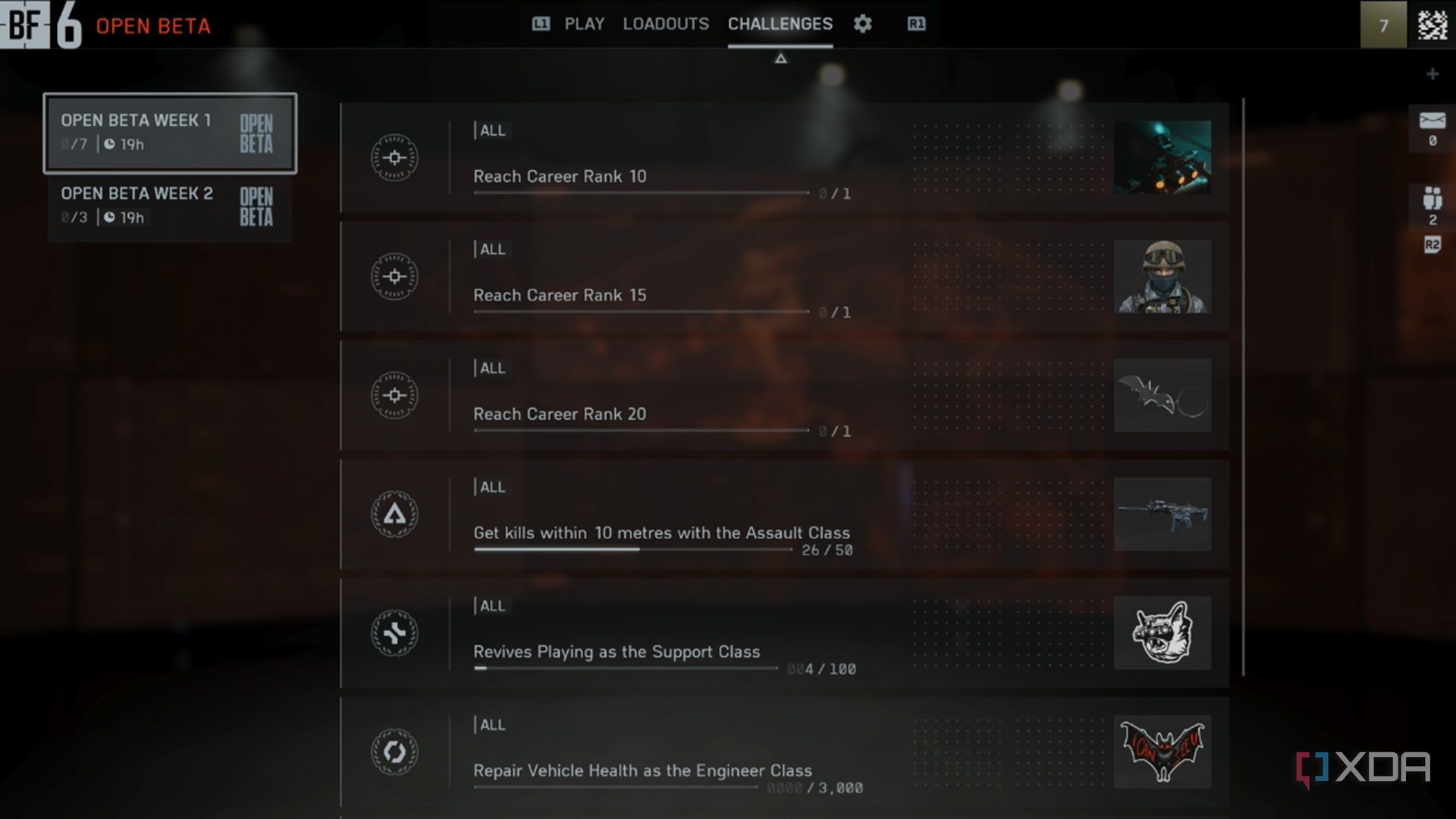 A screenshot of the Challenge listing and rewards from the Battlefield 6 open beta