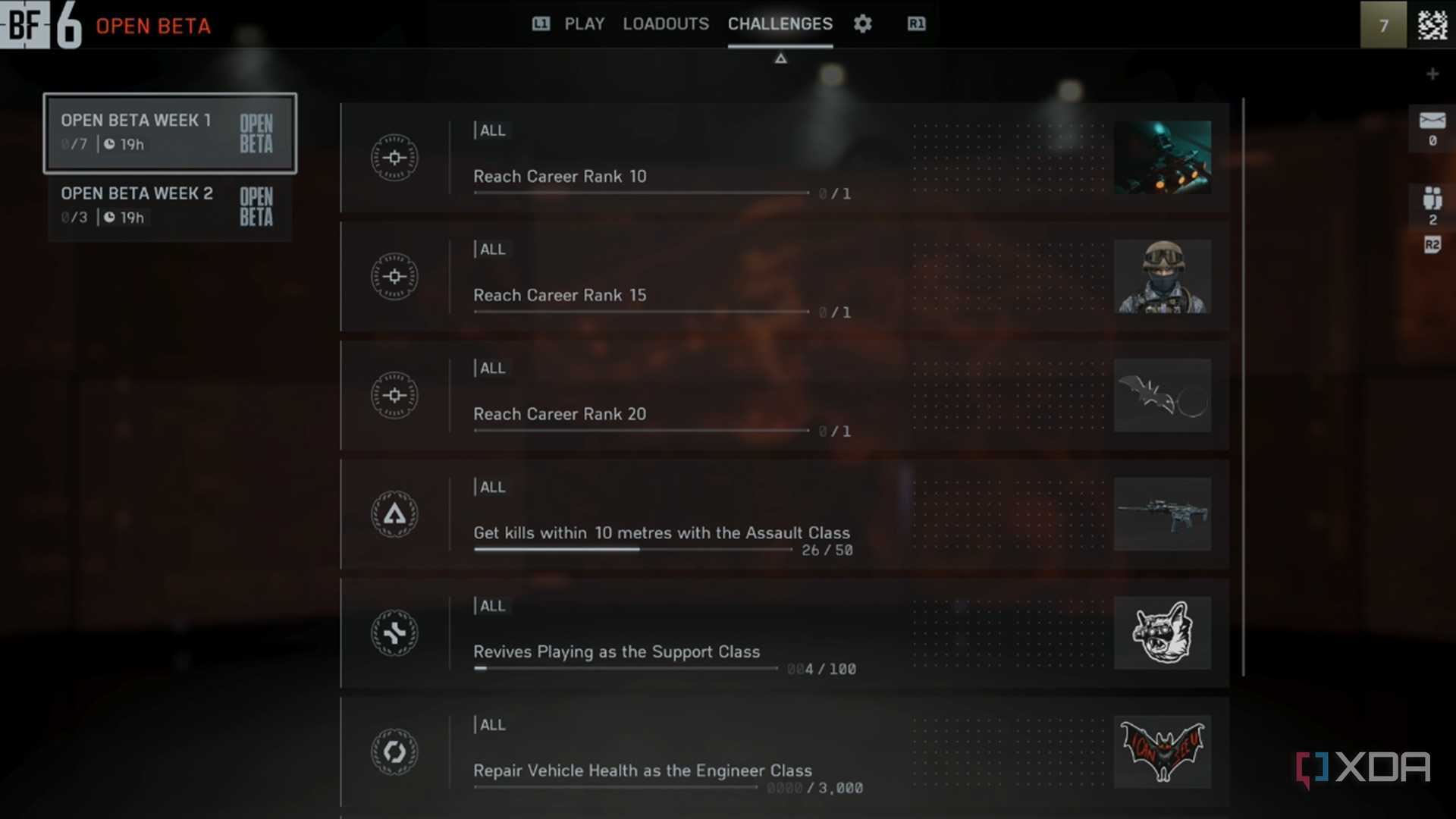A screenshot of the Challenge listing and rewards from the Battlefield 6 open beta