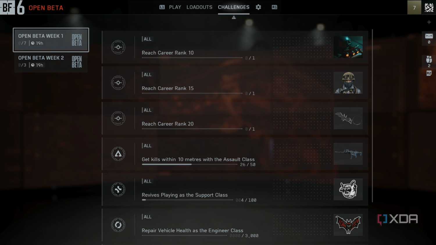 A screenshot of the Challenge listing and rewards from the Battlefield 6 open beta