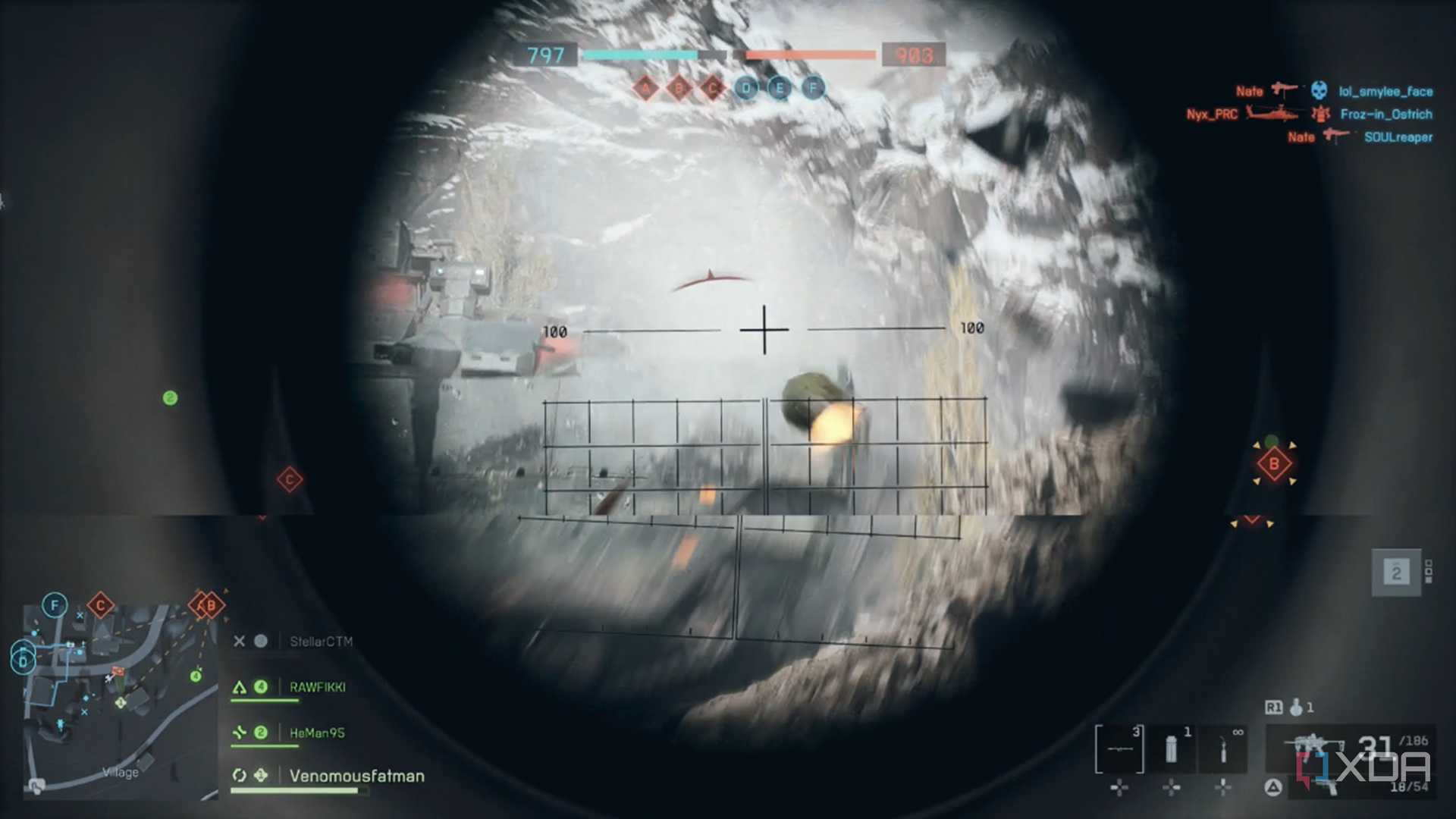 A screenshot of using a rocket launcher with the Engineer class in the Battlefield 6 open beta