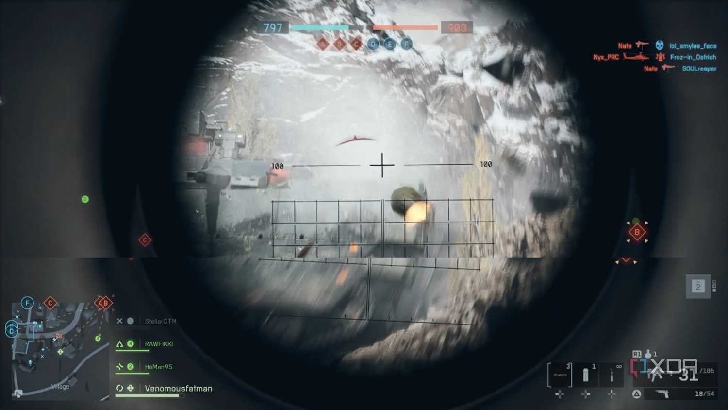 A screenshot of using a rocket launcher with the Engineer class in the Battlefield 6 open beta