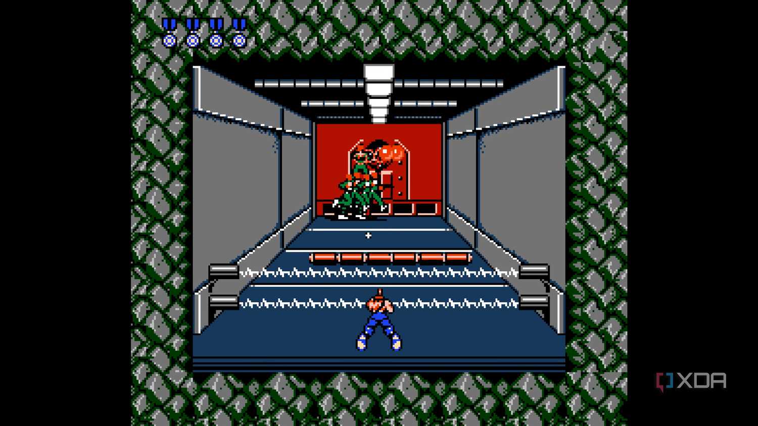 Stage 2 of Contra running on a NES emulator.
