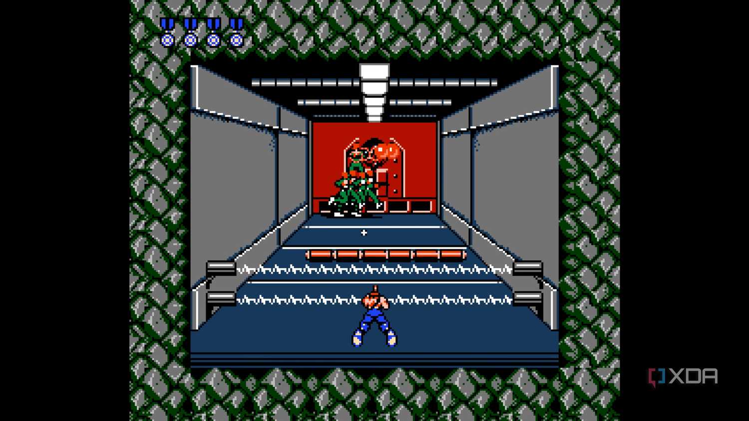 Stage 2 of Contra running on a NES emulator.