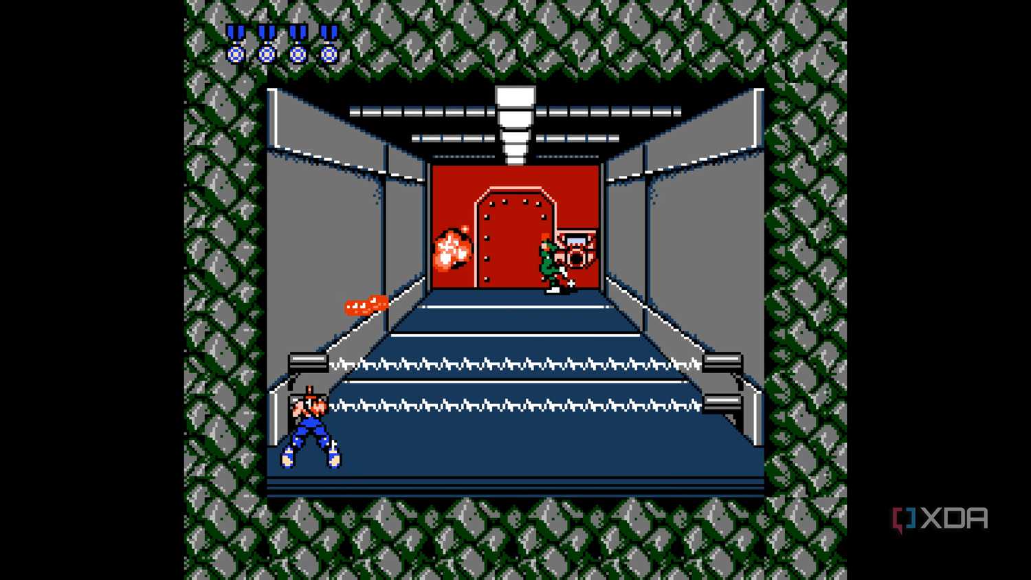 Stage 2 of Contra running on a NES emulator.