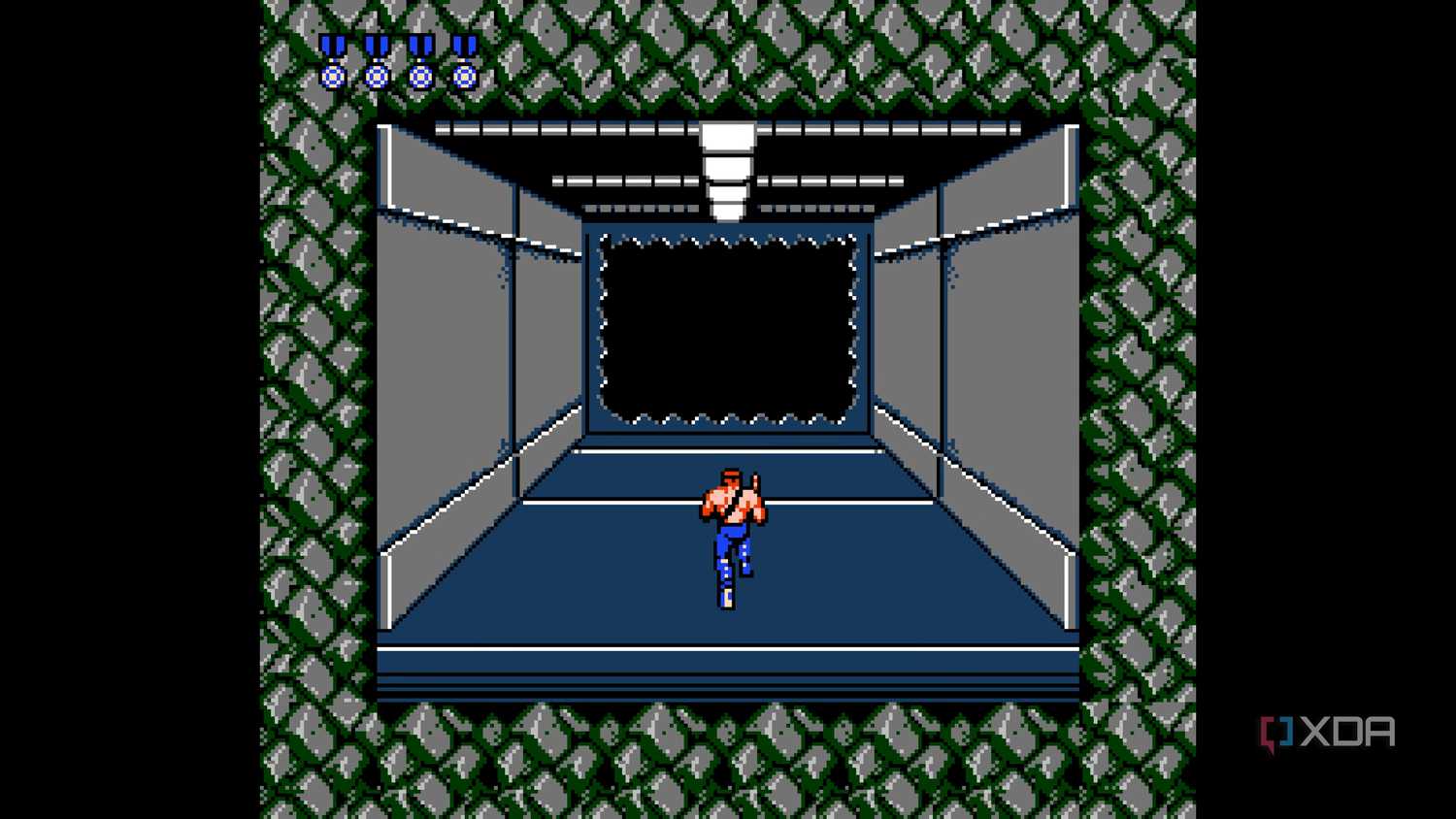 Stage 2 of Contra running on a NES emulator.