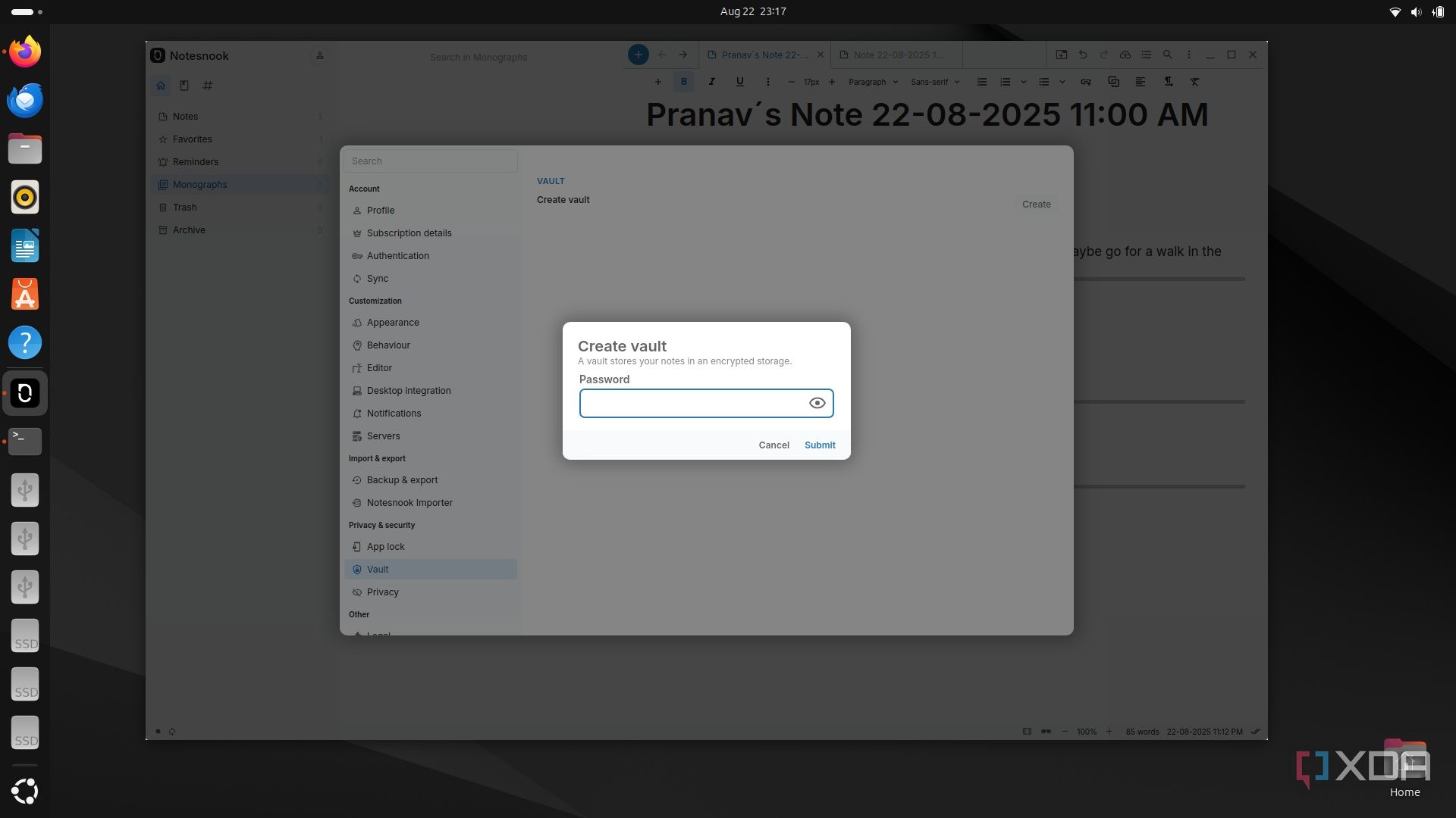 Create a password protected vault on Notesnook