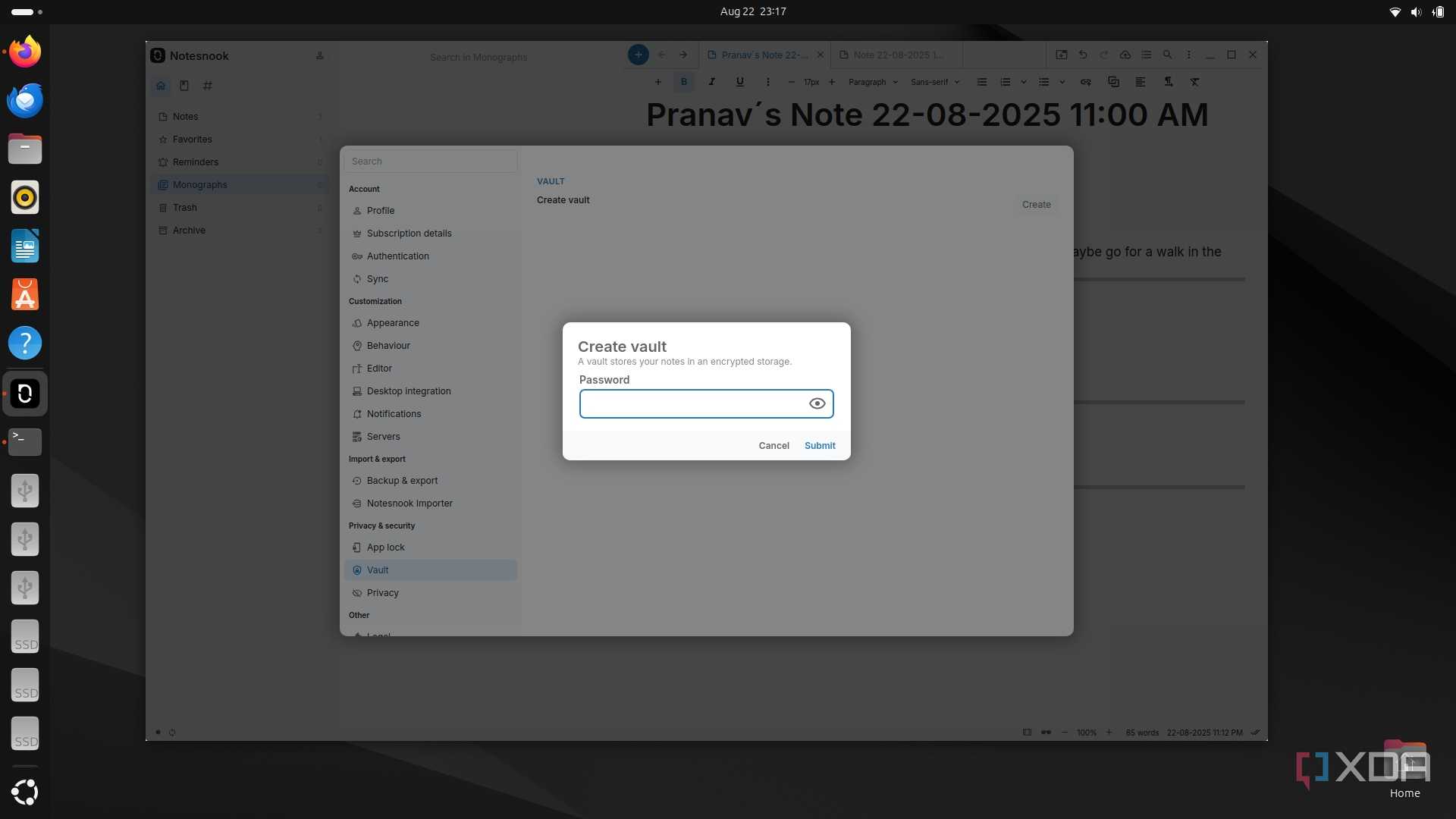 Create a password protected vault on Notesnook