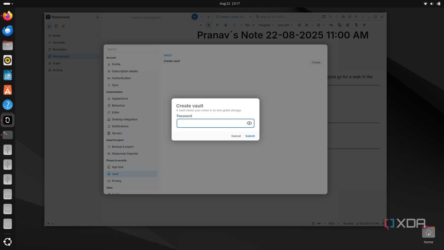 Create a password protected vault on Notesnook
