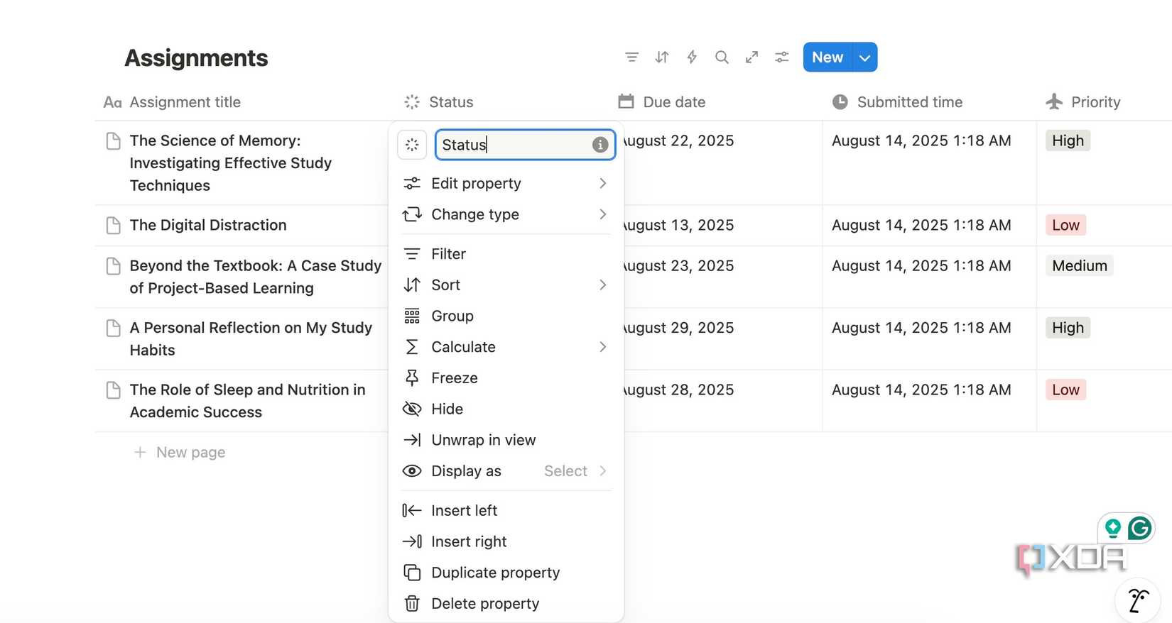 Notion database status