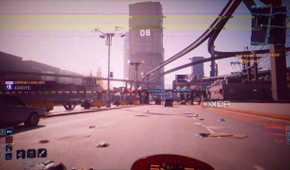Driving a motorcycle in Cyberpunk 2077 with a VHS filter on.