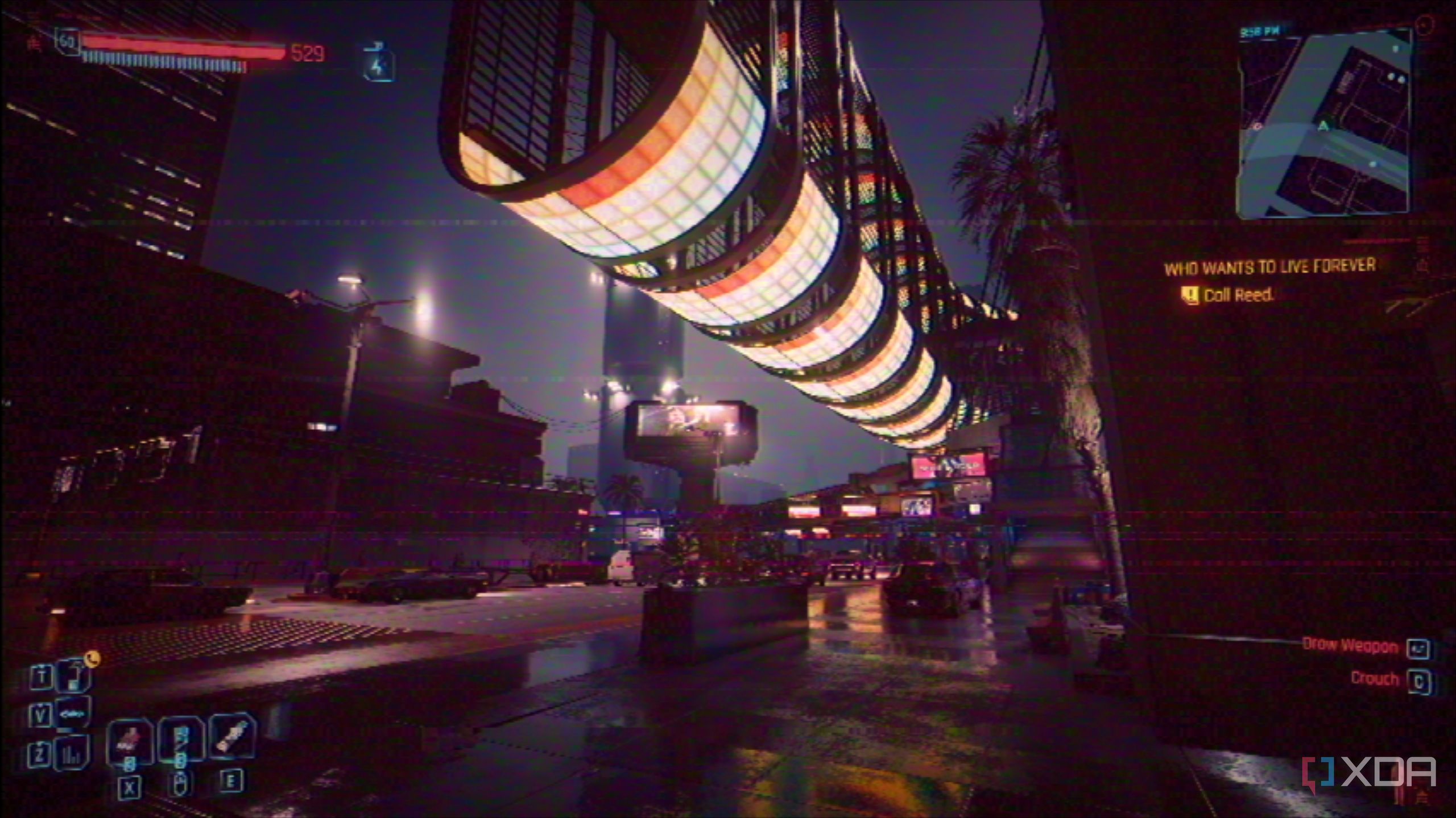 Rainbow tunnel in Cyberpunk 2077.