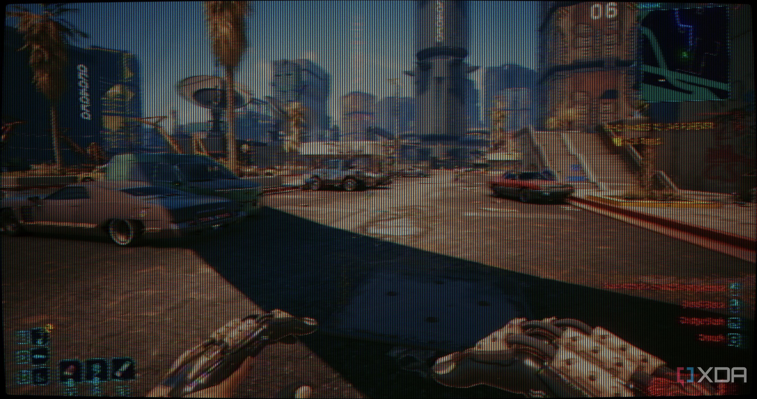 A dull CRT screen filter on Cyberpunk 2077.