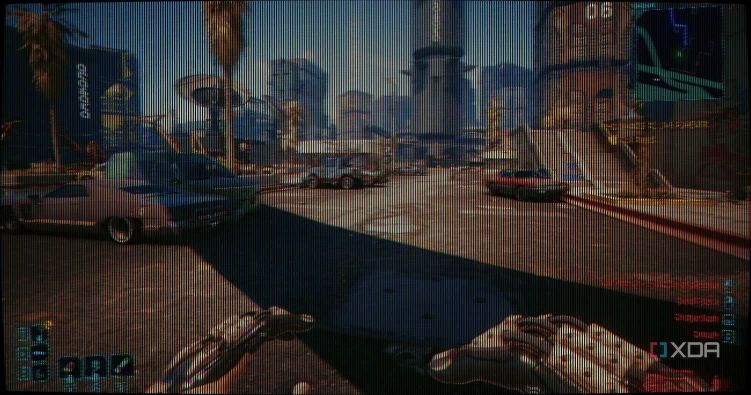 A dull CRT screen filter on Cyberpunk 2077.