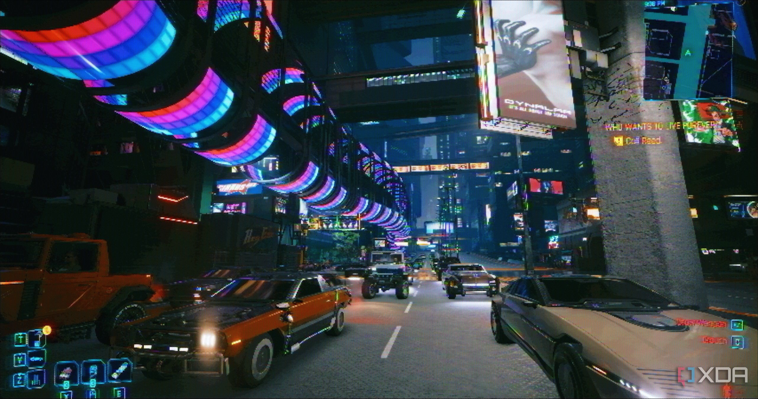 Rainbow tunnels and traffic in Cyberpunk 2077.