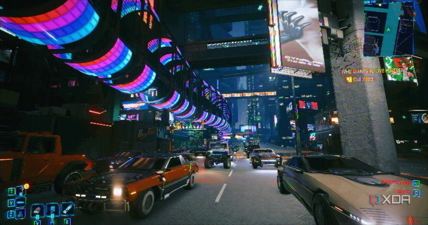 Rainbow tunnels and traffic in Cyberpunk 2077.