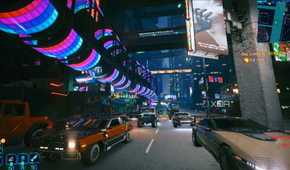 Rainbow tunnels and traffic in Cyberpunk 2077.
