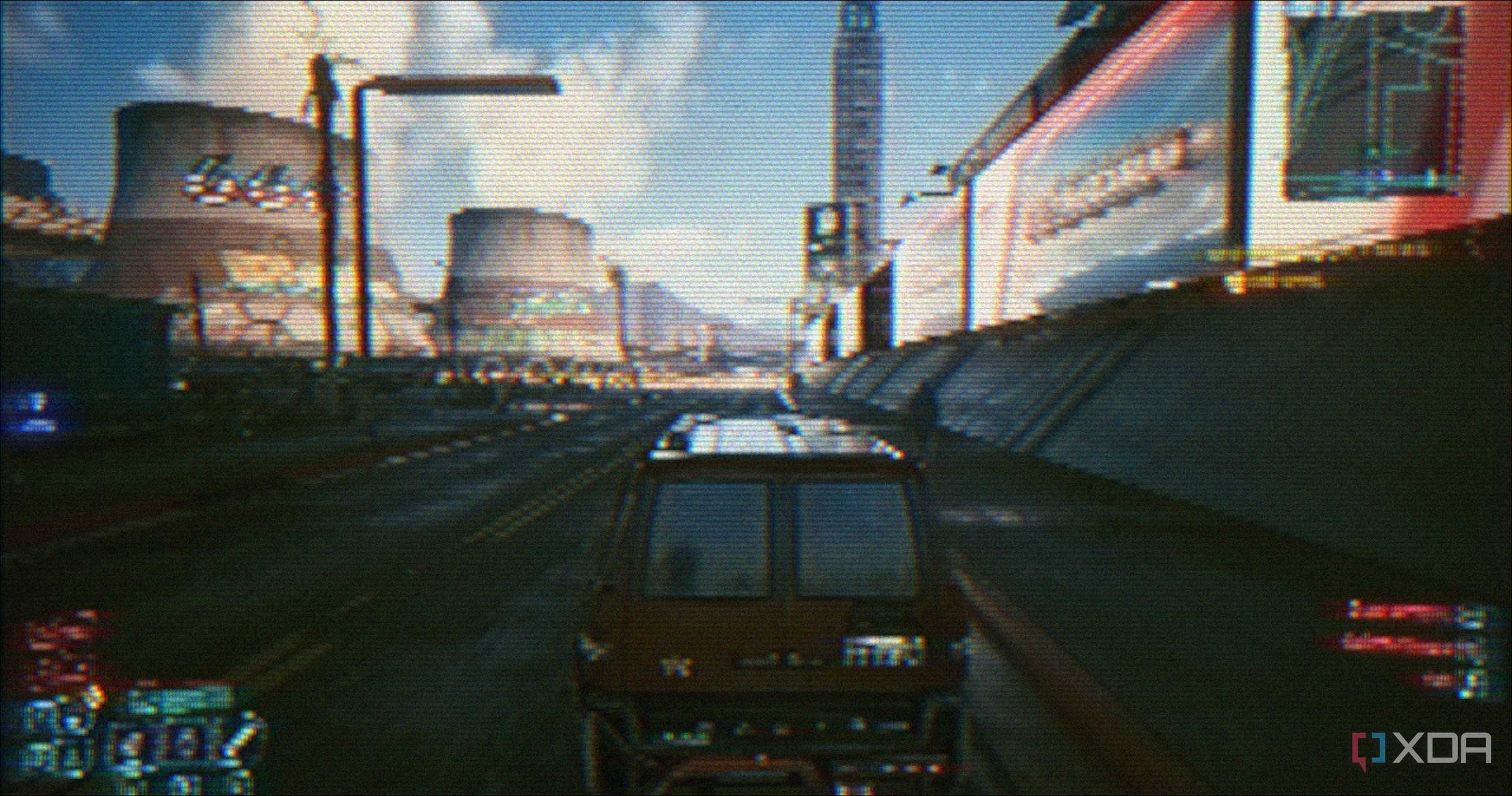 Driving a van in Cyberpunk 2077.