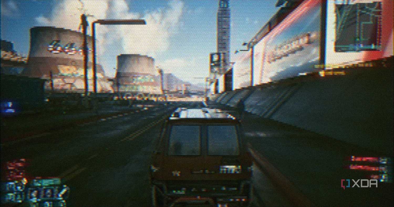 Driving a van in Cyberpunk 2077.